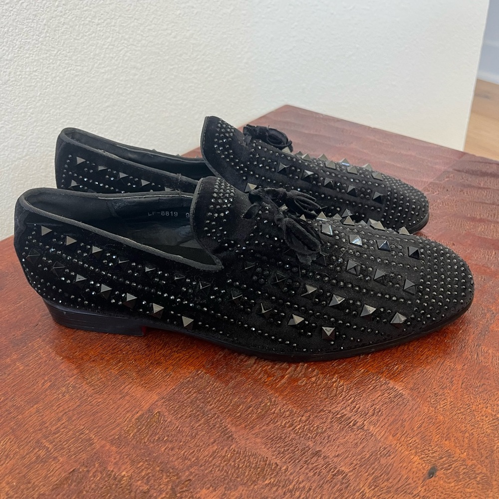 Royal Shoes Black Velour Studded Smoking Slip-on Loafers Goth Spiked Sz 9.5
